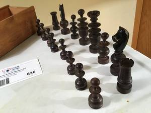 lot 636 image: 32 Piece Hand Carved Chess Pieces and Wooden Box