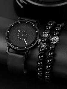 1pc Men Round Pointer Quartz Watch & 2pcs Bracelet