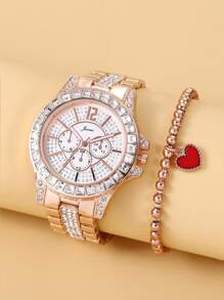 1pc Rhinestone Decor Triple Dial Watch & 1pc Bracelet