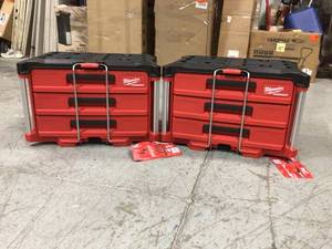 lot 8 image: Lot of 2 - Milwaukee PACKOUT 3-Drawer Tool Box one is damaged see pictures