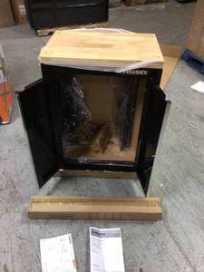 lot 26 image: Husky  53 in. W x 69 in. H x 19 in. D Steel Garage Cabinet Set in Black (6-Piece) damaged corner not used see pictures