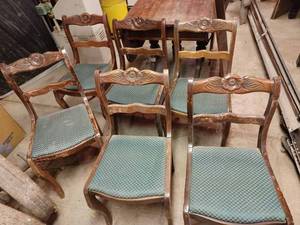 lot 17 image: Vintage Duncan Phyfe Drop Leaf Table with 6-Ornate Chairs and 3-Leaves