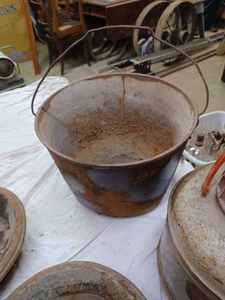 lot 56 image: Vintage Cast Iron Kettle - Has Cracks, 2-Milk Can Covers and a Therm-a-Jug Picnic Jug