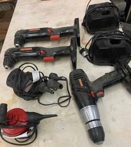lot 62 image: Craftsman 19.2 Volt Cordless Tool Set including a 12-inch Drill, 2-Right Angle Drills, and 2-Chargers