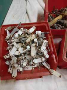 lot 66 image: Green Tote Full of Hardware and Hand Tools, including a New Soap Dispenser