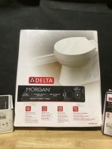 lot 32 image: Delta Morgan Round Closed Front Toilet Seat with NoSlip Bumpers in White & Portwood Pivoting Toilet Paper Holder in SpotShield Brushed Nickel & Foundations 1-Handle Shower Only Faucet Trim Kit in Stainless (Valve Not Included) See Pictures