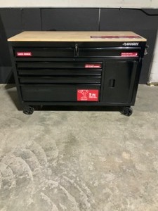 lot 91 image: Husky 56 in. W 5-Drawer 1-Door, Deep Tool Chest Mobile Workbench in Gloss Black with Hardwood Top See Pictures