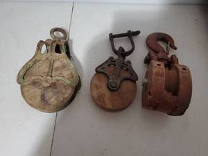 lot 156 image: Collection Of 3 Vintage Wood Pulleys