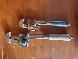 lot 445 image: Two Vintage Wood Handled Pipe Wrenches