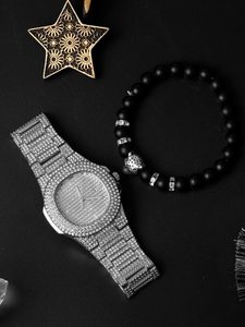 1pc Men Rhinestone Decor Quartz Watch & 1pc Bracelet