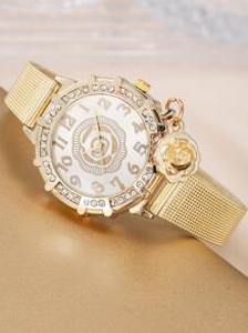 Rhinestone Decor Mesh Strap Quartz Watch
