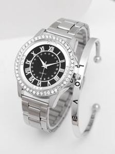 1pc Rhinestone Decor Round Pointer Quartz Watch & 1pc Bracelet