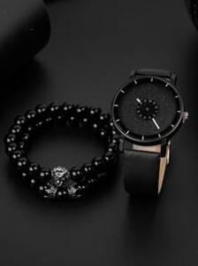 1pc Men Round Pointer Quartz Watch & 2pcs Bracelet