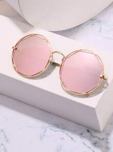 Metal Frame Octagon Shaped Lens Sunglasses With Case