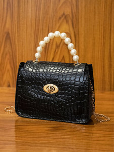 Croc Embossed Faux Pearls Decor Satchel Bag