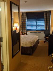 lot 41 image: Room 1517. King Bed, Framed Artwork, Mirrors, Teardrop Lamp, 42 LG, Small Safe, & More