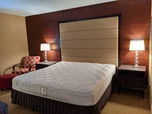 lot 145 image: Room 1015. King bed, TV 42 LG, Desk, Chair, Ottoman, TV Stand, Nightstand, Small Safe, and More