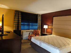 lot 117 image: Room 1107. King Bed, Pedestal Sink, TV 42 LG, Small Safe, Artwork, Lamps and Lighting, and More 