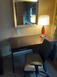 lot 270 image: Desk, Desk Chair, Square Mirror, Red Teardrop Lamp