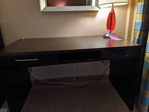 lot 503 image: Computer Desk w Built In Outlets & Red Teardrop Lamp