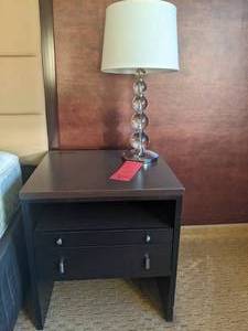 lot 365 image: Large Brown Wood Nightstand and Bubble Lamp