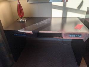 lot 369 image: Computer Desk w Built In Outlets & Red Teardrop Lamp