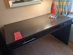 lot 381 image: Computer Desk w Built In Outlets & Red Teardrop Lamp