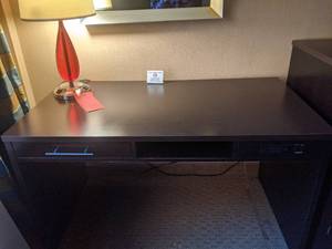 lot 399 image: Computer Desk w Built In Outlets & Red Teardrop Lamp