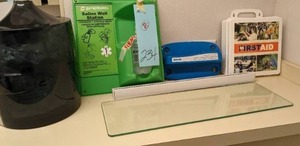 lot 234 image: First AidSanitary Lot - First Aid Kit, Wipes Dispenser, Plexiglass Divider, EcoLab Sanitizer Test Station, Sperian Saline Wall Station
