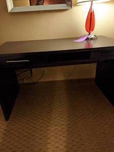 lot 566 image: Stylish Computer Desk w Built In Outlets & Red Teardrop Lamp