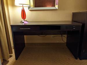 lot 588 image: Computer Desk w Built In Outlets & Red Teardrop Lamp