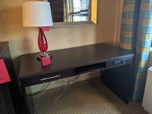lot 349 image: Great Computer Desk w Built In Outlets & Red Teardrop Lamp