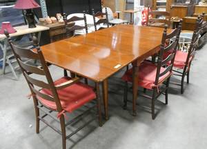 lot 9 image: Group of 7 chairs (table not included) 2 chairs are captain chairs, rattan seats, most are in pretty good shape, the one has some damage as shown
