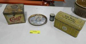 lot 23 image: 4 collector tins, tobacco, cotter pins and bakers cocoa