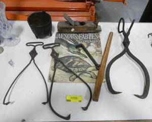 lot 35 image: 3 vintage Ice tongs a cast iron ashtray and planer