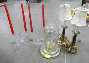 lot 39 image: A pair of glass candelabras, lamps and anniversary clock