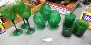 lot 42 image: Group of 9 green glass wine and sherry glasses