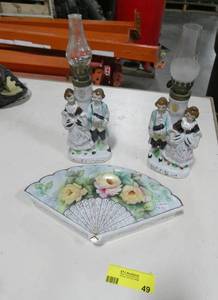 lot 49 image: Limoges fan shaped jewelry box and 2 hurricane lamp figures