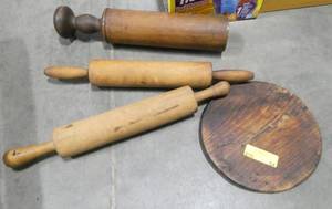 lot 54 image: group of wooden rolling pins, hot plate, mashers, toy rolling pins