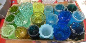 lot 57 image: 18 Vintage glass toothpick holders mostly Blues and Greens