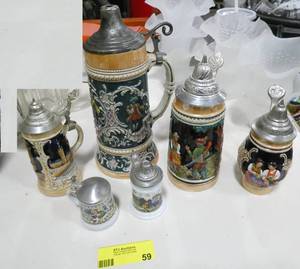lot 59 image: Group of 5 german beer steins, 2 miniature ones