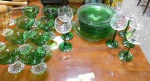lot 60 image: Large group of green stemware (6), plates (11) and green with white stem dessert glasses (9) all in very nice condition