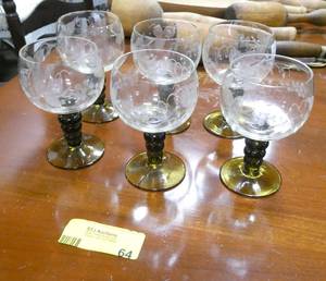 lot 64 image: Set of 6 wine goblets with grape and vine design etched in the glass