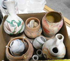 lot 74 image: Lot of 9 Nemadji Indian pottery including a wedding vase and a hanging planter