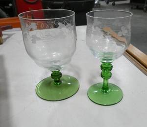 lot 82 image: 12 goblets clear with green stem, 6 of each style