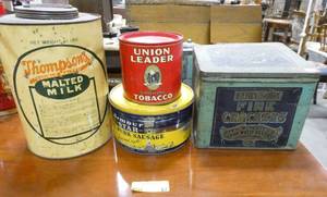 lot 87 image: Group of 4 tins,  tobacco, crackers, malted milk and pork sausage