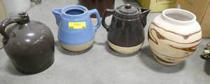lot 99 image: 2 Stoneware pitcherscoffee pots, a whiskey jug and a large Nemadji pottery vase