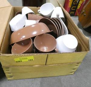 lot 103 image: Box full of melamine dishware, great for the camper or cabin