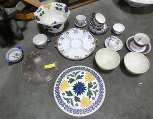 lot 104 image: Miscellaneous group of cake plates, divided plate, large punch bowl, presidents cup and saucer and including a Henriot Quimper lug bowl and mini cup and saucer