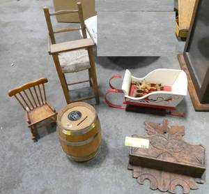 lot 106 image: A couple of toy chairs and sleigh, a keg bank and letter holder